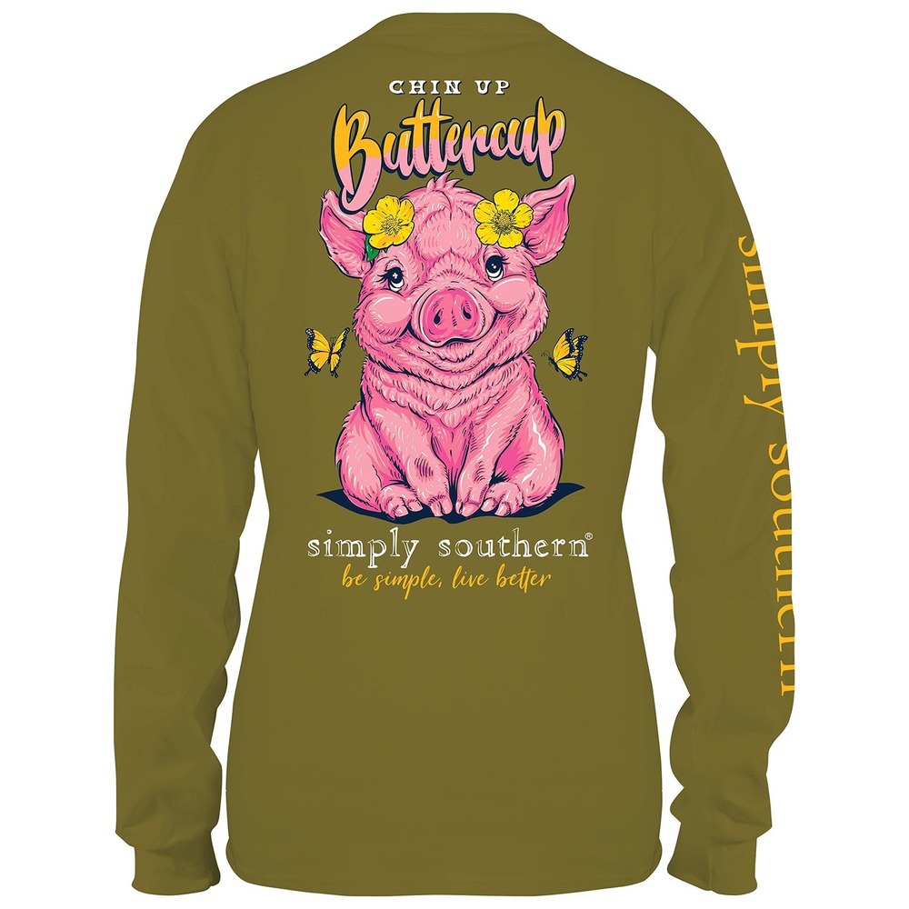Simply Southern 'Chin Up Buttercup' Pig Long Sleeve T-Shirt Green - Adult Large